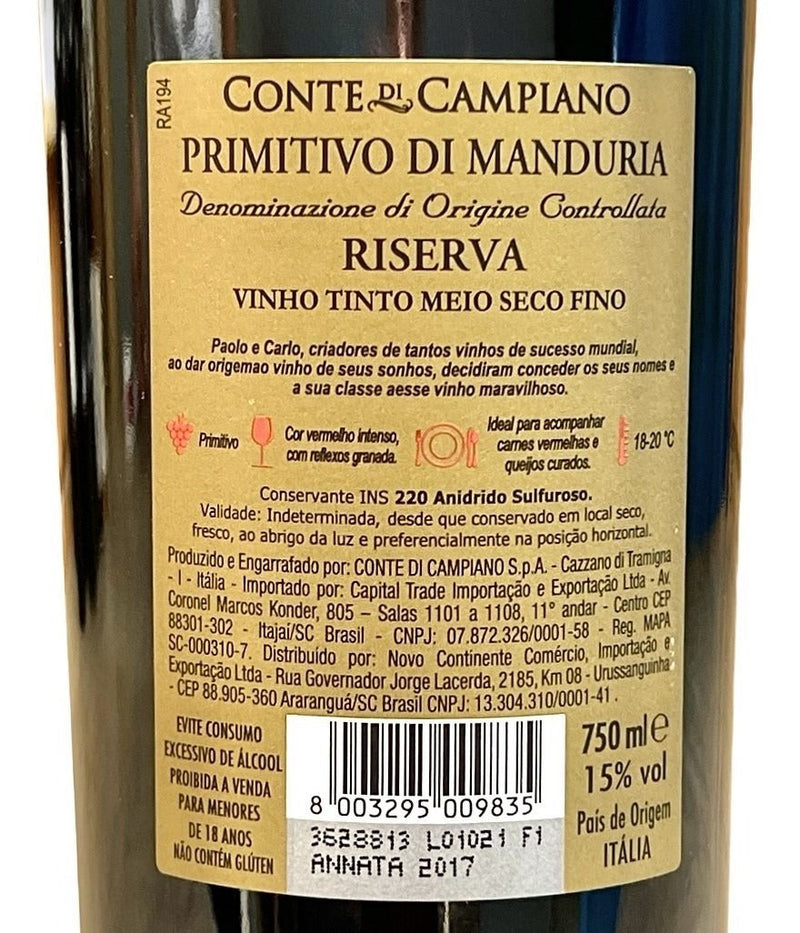 Vinho Conte Di Campiano Primitivo Riserva | Kit Com 12 Grfs